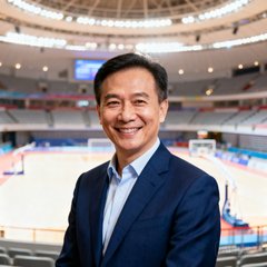 广州天河区某大型综合体育馆负责人陈先生的半身像，他穿着深蓝色西装，面带微笑，背景是明亮的场馆内部