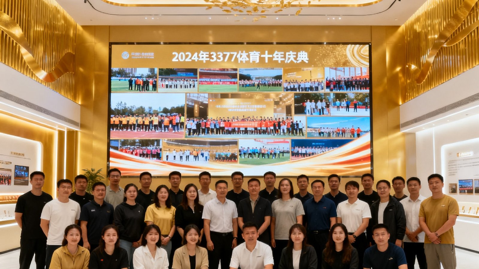 2024年3377体育十周年庆典现场，全体员工在装饰着金色主题的现代化展厅里合影留念，背景大屏幕上滚动播放着十年来的精彩瞬间